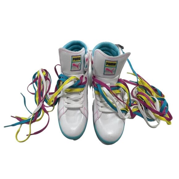 Puma Women's High Top Sneakers White Leather Trainers Neon 8.5 Y2K - Picture 4 of 10